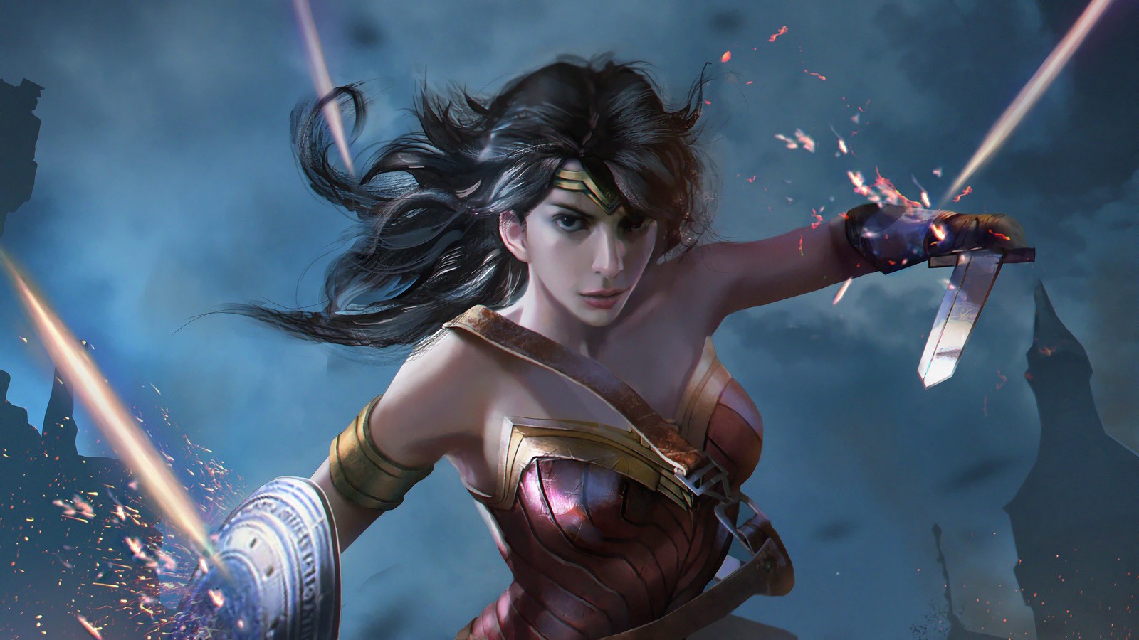 Wonder wonder woman with sword in the sky (wonder woman, dc comics, comics)