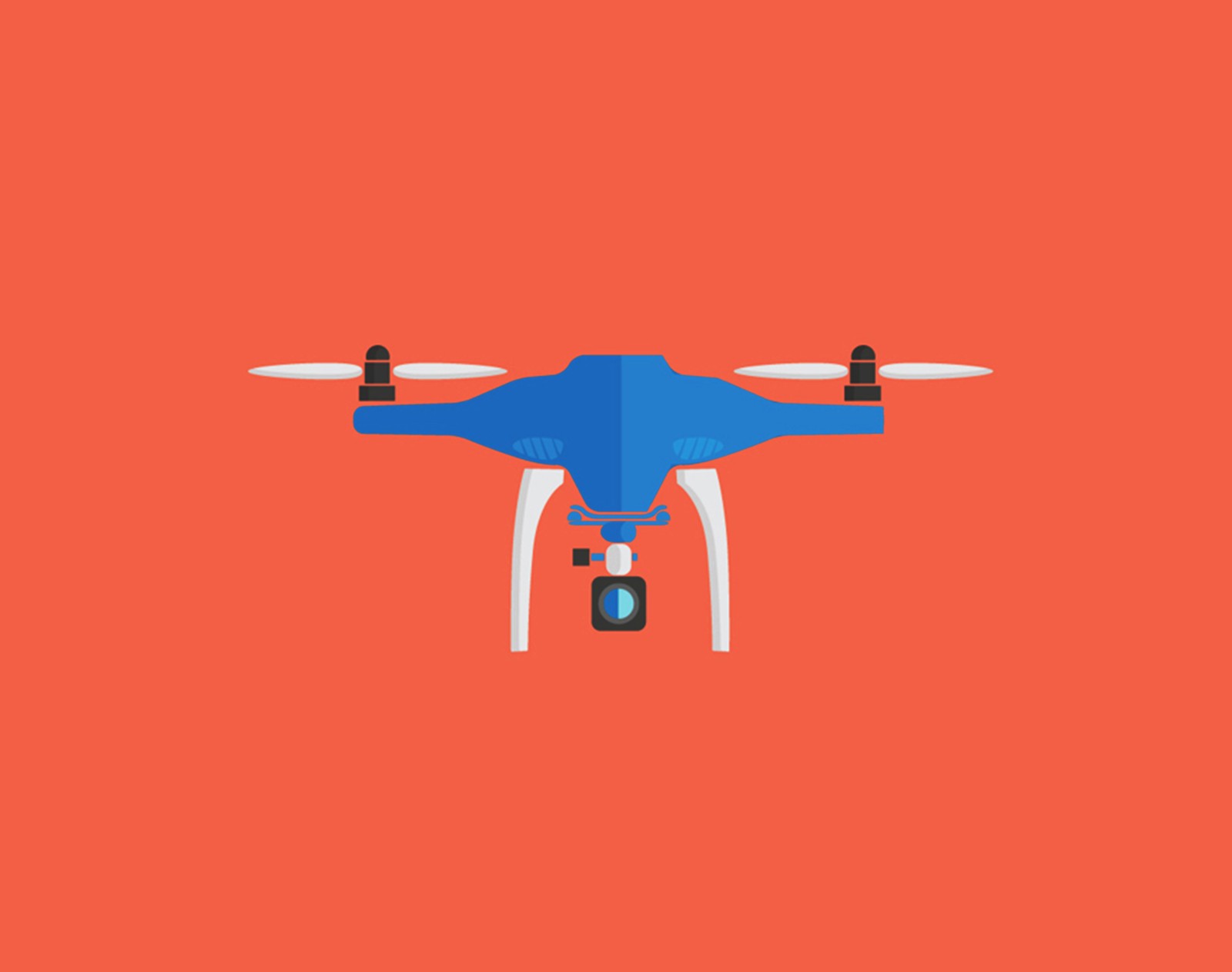 Un drone bleu et blanc volant sur un fond rouge (avion, aéronef, orange, rouge, voyage aérien)