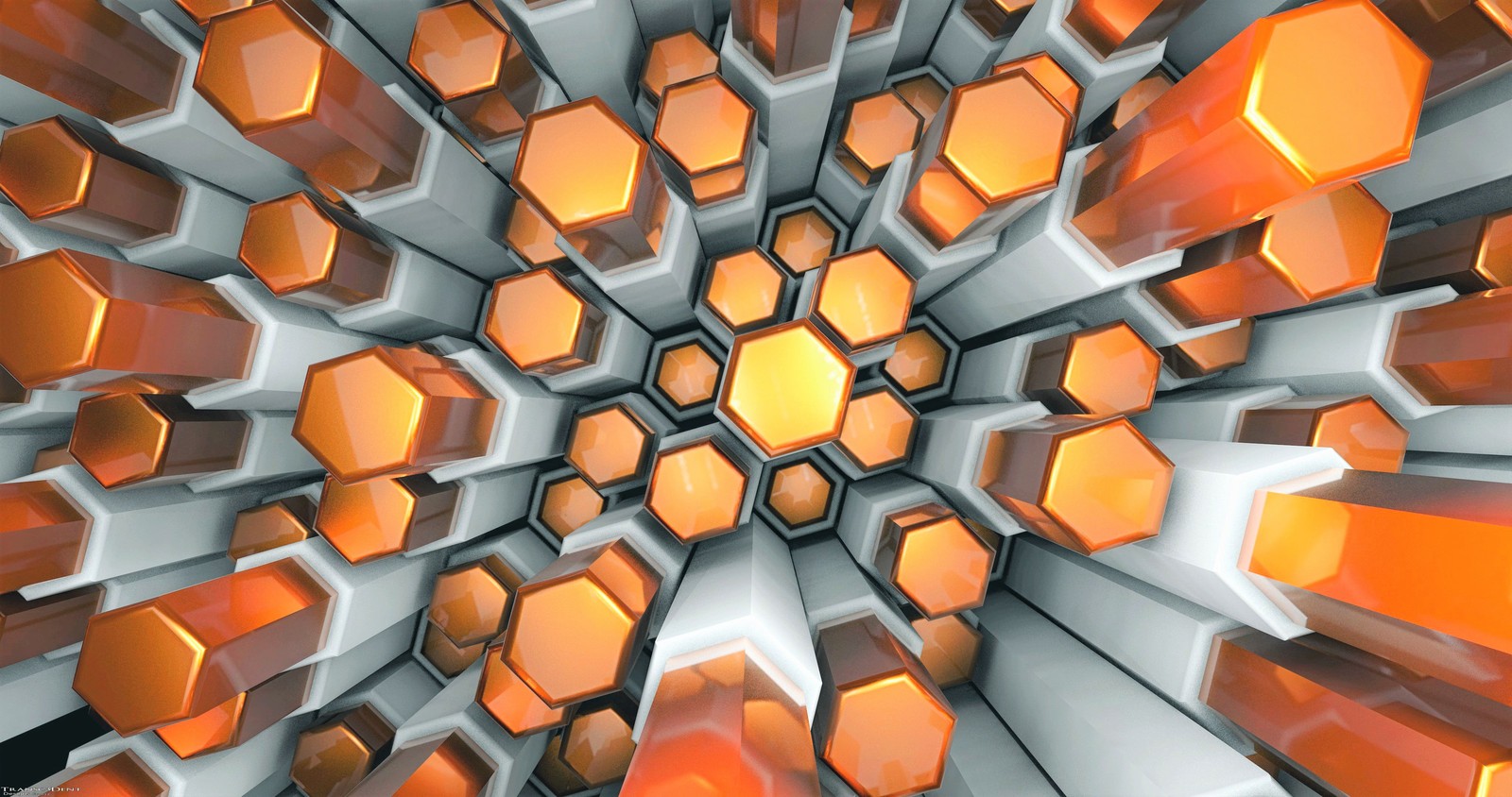 A close up of a bunch of orange cubes in a room (orange, pattern, symmetry, design, metal)