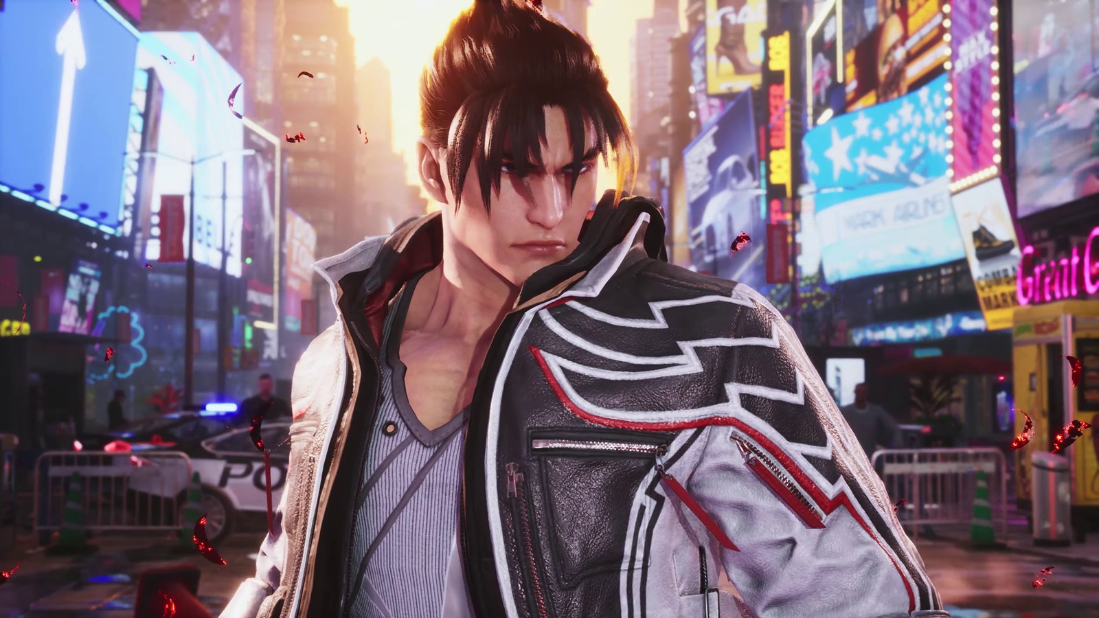 Un homme en veste et jeans se tenant dans une ville (jin, tekken 8, jeux, fond décran 4k)