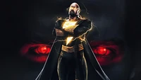 Dwayne Johnson als Black Adam, der Blitzkraft gegen einen dunklen Hintergrund mit intensiven roten Augen wielding.