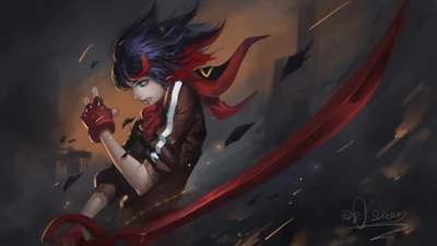 Ryuko Matoi brandissant son épée, prête et féroce contre un fond sombre et dynamique.