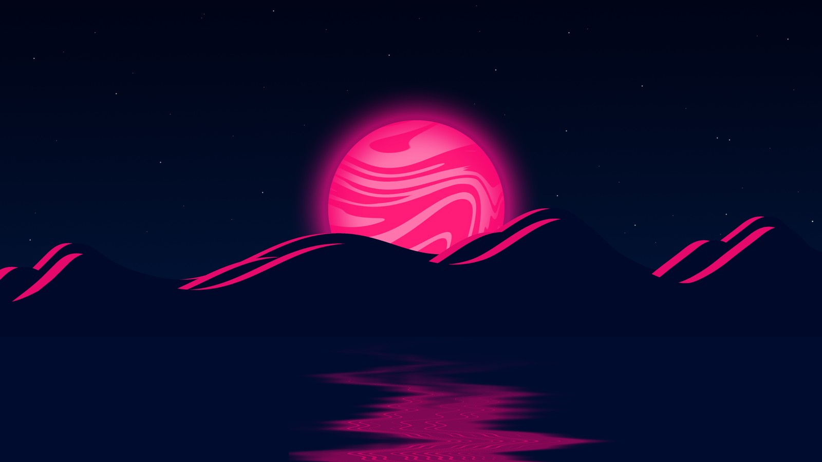 Um pôr do sol rosa sobre uma montanha com um rio em primeiro plano (lua rosa, montanhas, ilustração, corpo de água, estrelas)