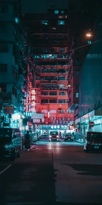 Neon-Lit Urban Street Scene at Night