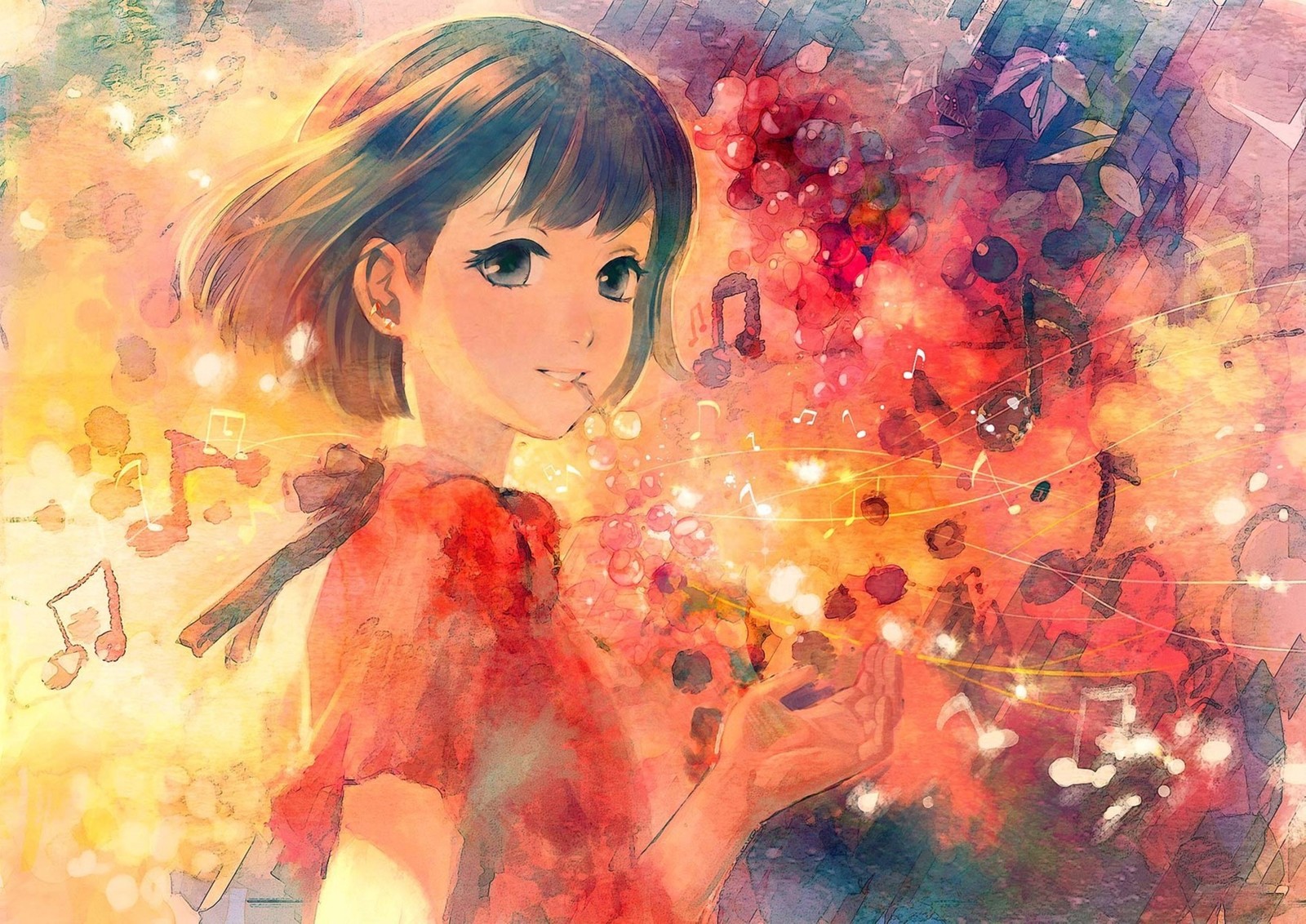 Anime girl with flowers in her hand (anime, kawaii, manga, drawing, watercolor paint)