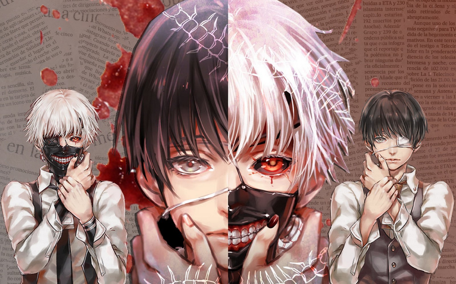 Персонажи аниме с кровью на лицах и фоном газеты (токийский гуль, tokyo ghoul, аниме, anime, упырь)