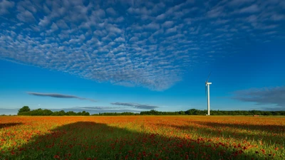 Prairie de fleurs sauvages vibrante sous une éolienne contre un ciel bleu