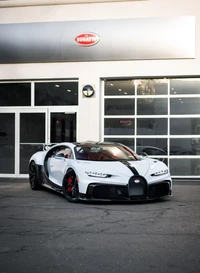 2021 Bugatti Chiron Pur Sport frente a un concesionario, mostrando un diseño elegante y un audaz contraste de colores.