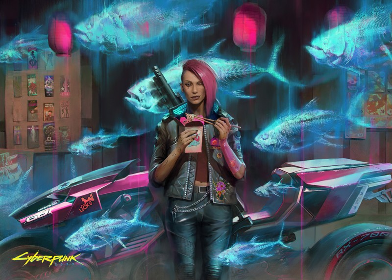 Женщина с пистолетом, стоящая рядом с машиной с рыбой на ней (cyberpunk 2077, голографический, дистопический, 5k, v киберпанк)