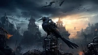 Mechanical Crow Amidst a Ruined Fantasy Landscape