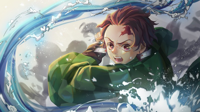 Крупный план человека в зеленой куртке на волне (tanjirou kamado, kimetsu no yaiba, убийца демонов кимэцу но яиба, demon slayer kimetsu no yaiba, аниме)