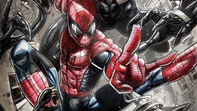 Spider-Man en action contre Venom : une scène dynamique des comics Marvel