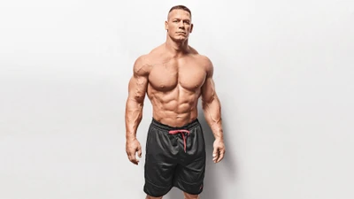 John Cena: Ícono muscular de la WWE contra un fondo blanco limpio