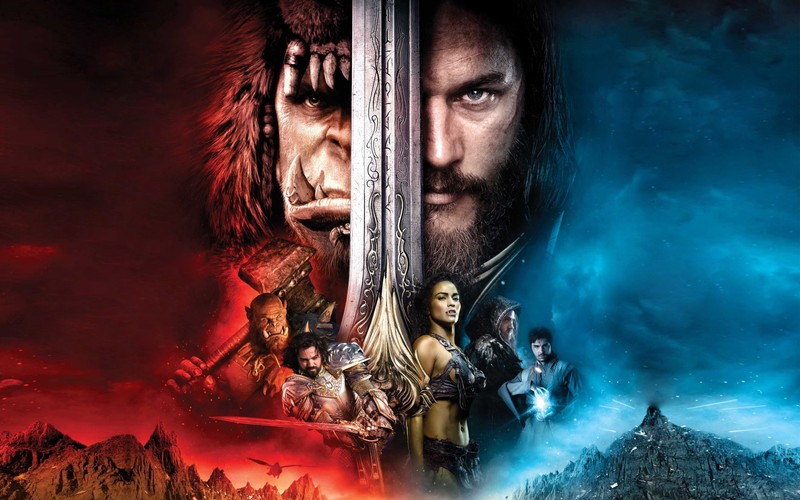 Постер фильма с мужчиной и женщиной на фоне горы (варкрафт, warcraft, актёр, тьма, видеоигры)