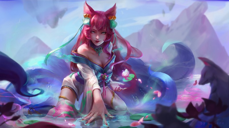 Девушка с розовыми волосами и ушками кошки сидит на камне (ахри, ahri, lol, league of legends, видеоигра)