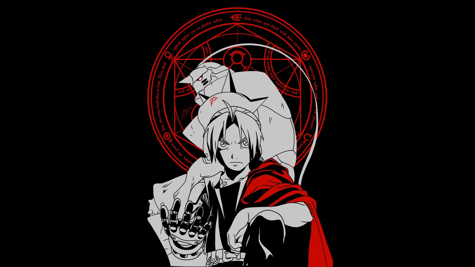 Un couple de personnages d'anime se tenant côte à côte (edward elric, amoled, alphonse elric, 5k, arrière plan noir)