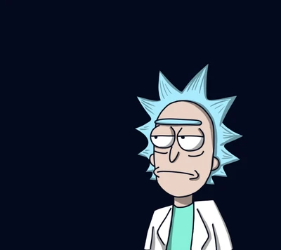 Rick Sanchez de "Rick e Morty" com uma expressão cética contra um fundo escuro.