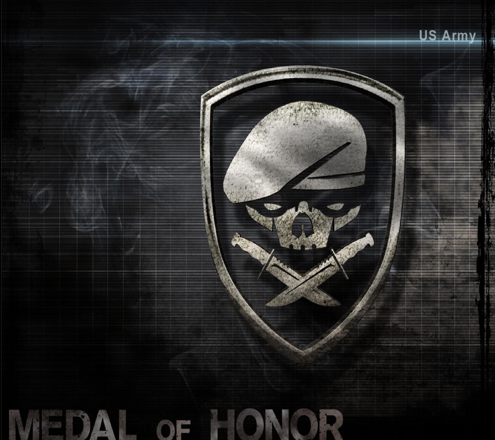 Eine nahaufnahme eines metallschilde mit einem totenschädel und gekreuzten schwertern (spiel, medal of honor)