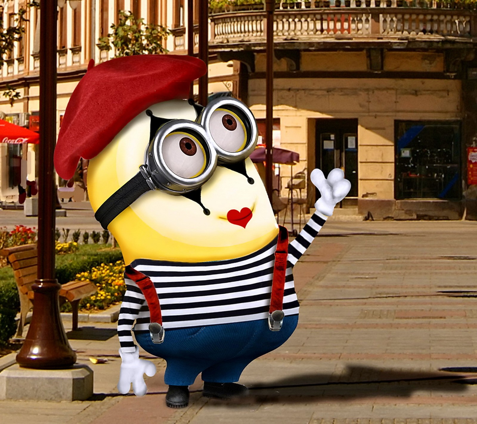 Cartoon character dressed in a sailor costume waving in front of a building (cute, french, funny, mime, minion)