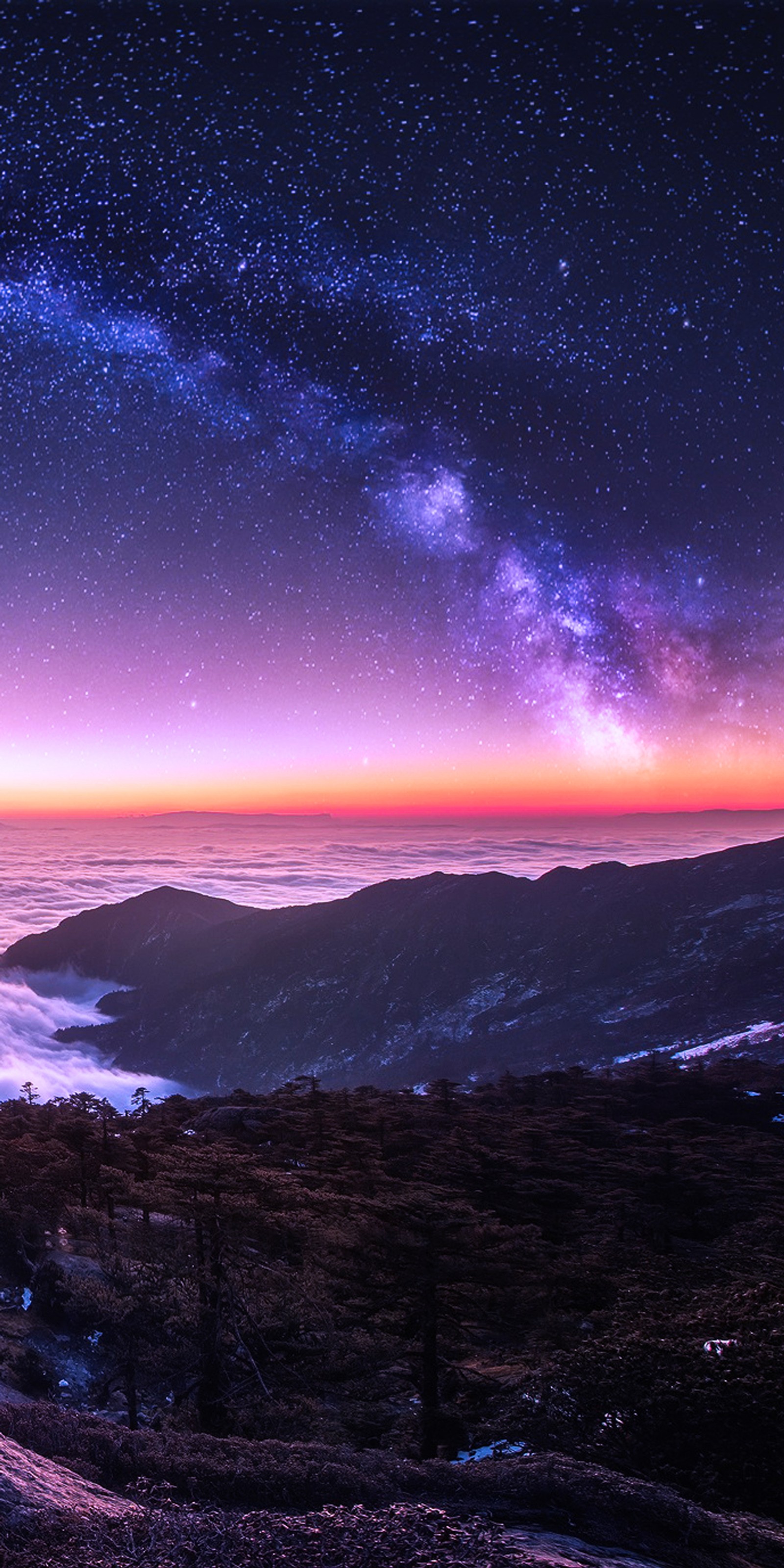 Starry sky over a mountain range with a road and a bench (galaxy, landscape, nebula, night)