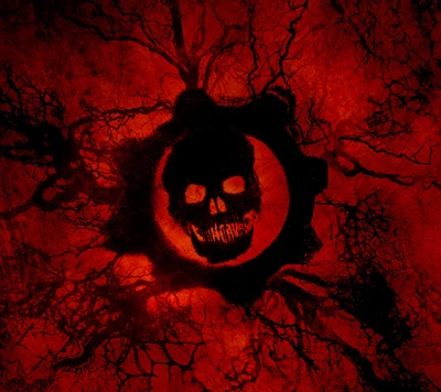 Gears of War: Ikonisches Totenschädel-Emblem auf feurig rotem Hintergrund