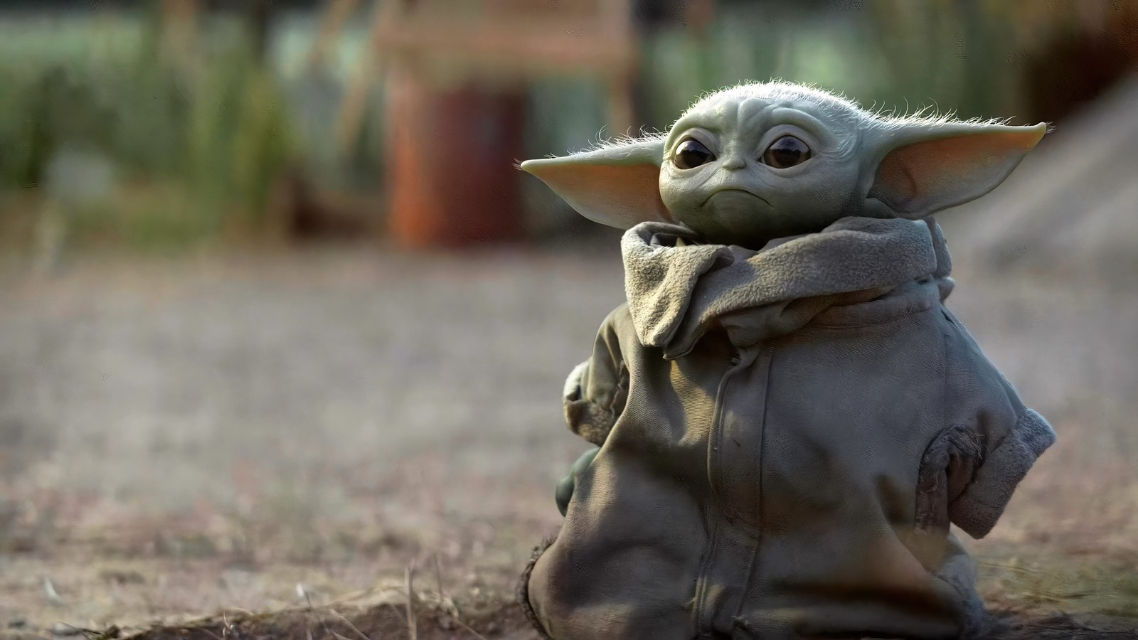 Un primer plano de un bebé yoda con una chaqueta (bebé, mandaloriano, yoda)