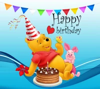 Celebração de aniversário do Winnie the Pooh com bolo e amigos