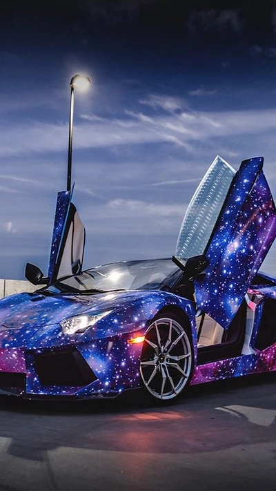 Lamborghini Aventador envolto em uma galáxia colorida com portas que se levantam