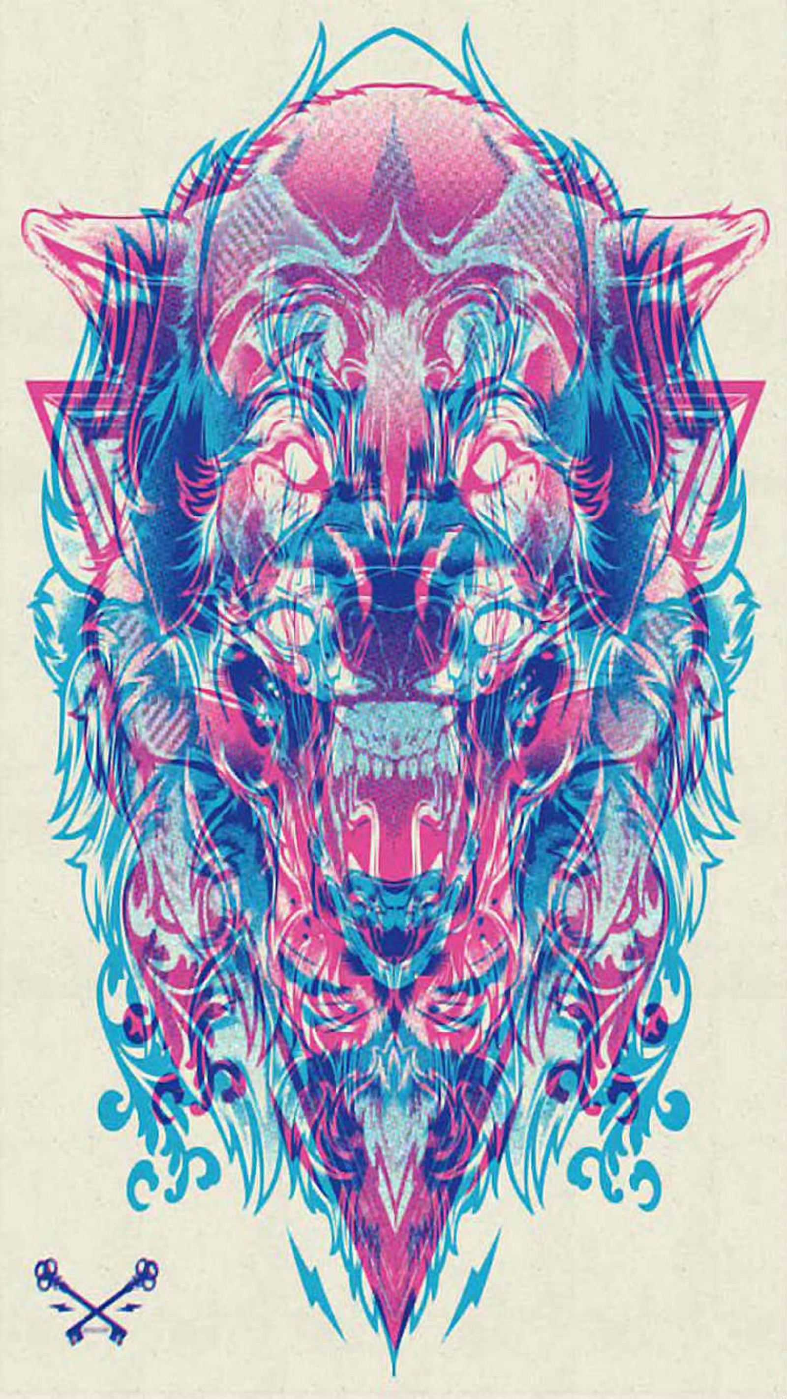 A drawing of a wolf with a pink and blue face (3d, art, beauty, best, blue)