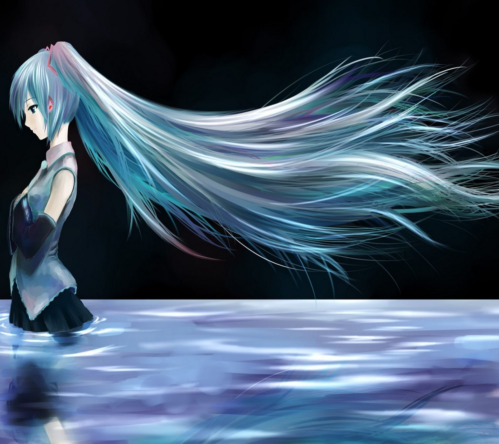 Une fille anime aux longs cheveux blancs marchant sur l'eau (anime, bleu, fille, cheveux)