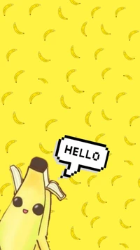 Personnage de banane joyeux avec 'Bonjour' sur un fond jaune