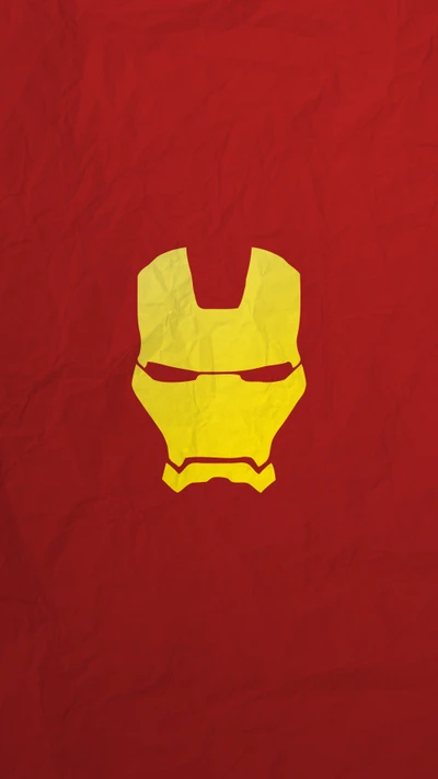 Minimalistische Iron Man Tapete: Kräftiger roter Hintergrund mit ikonischem gelbem Maskendesign