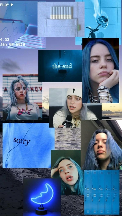 Collage de la estética edgy de Billie Eilish: tonos azules, vibras emo e imágenes expresivas.