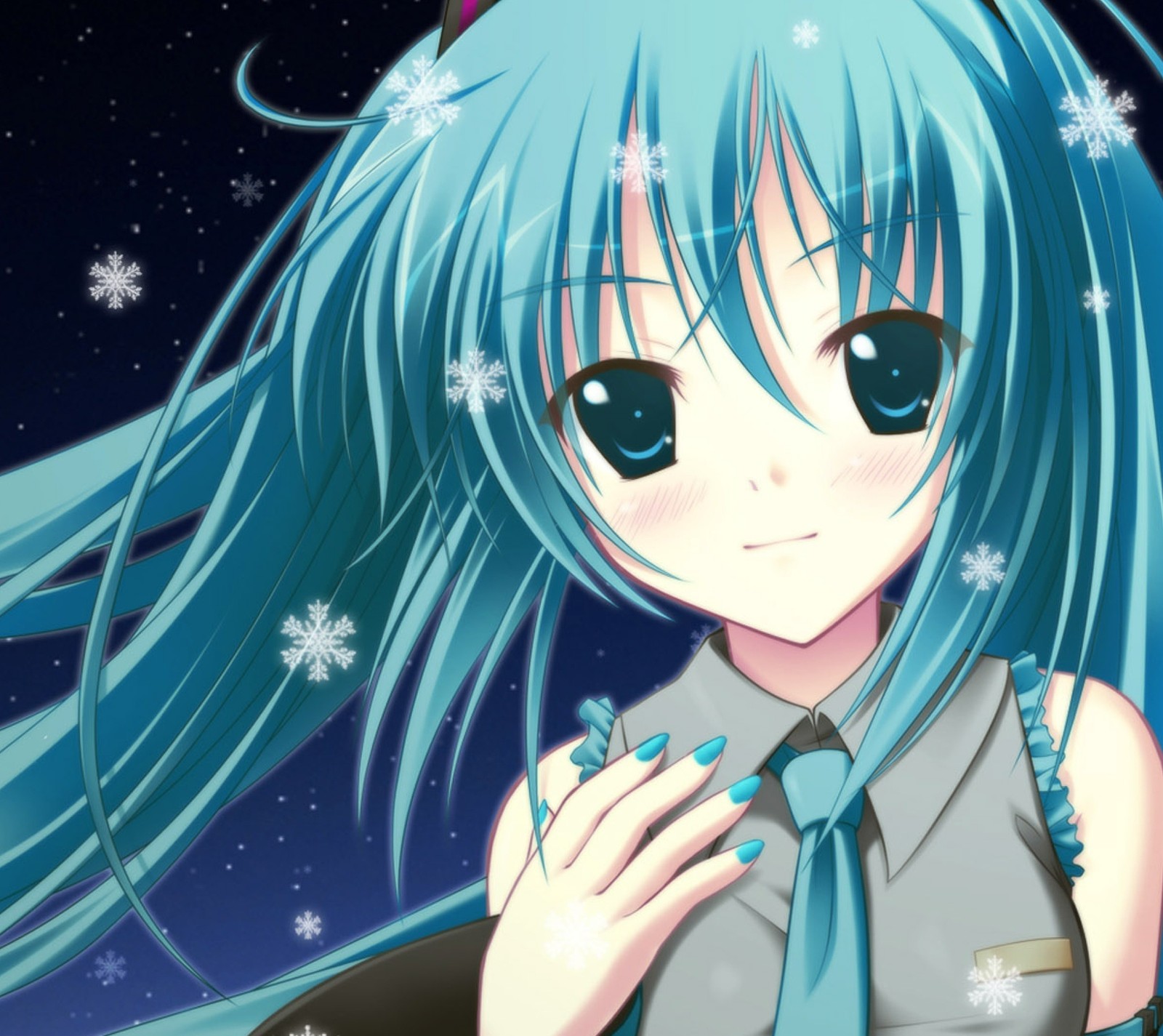 A close up of a person with blue hair wearing a tie (hatsune miku, idol, music, vocaloid)