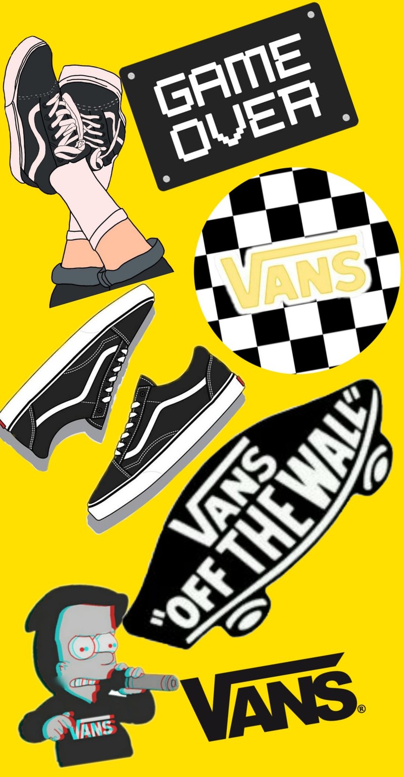 Крупный план желтого фона с множеством наклеек (скейт, vans)