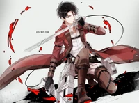 Levi Ackerman pronto para a batalha, cercado por respingos dinâmicos de vermelho, de "Attack on Titan".