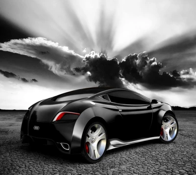 Sleek Black Audi Against a Dramatic Cloudy Sky