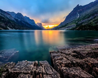 lake, mountain, stones, sunset