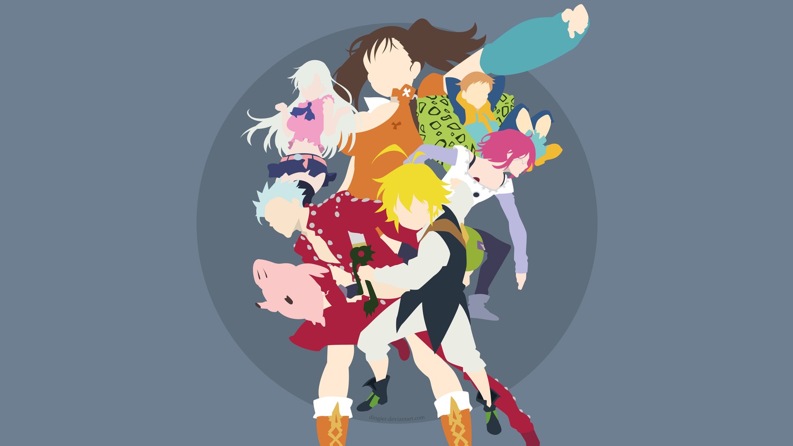 Un grupo de personajes de anime abrazándose en círculo (nanatsu no taizai, los siete pecados capitales, the seven deadly sins, anime, 七つの大罪)