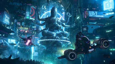 Paisagem urbana futurista com Buda flutuante e veículos de alta tecnologia