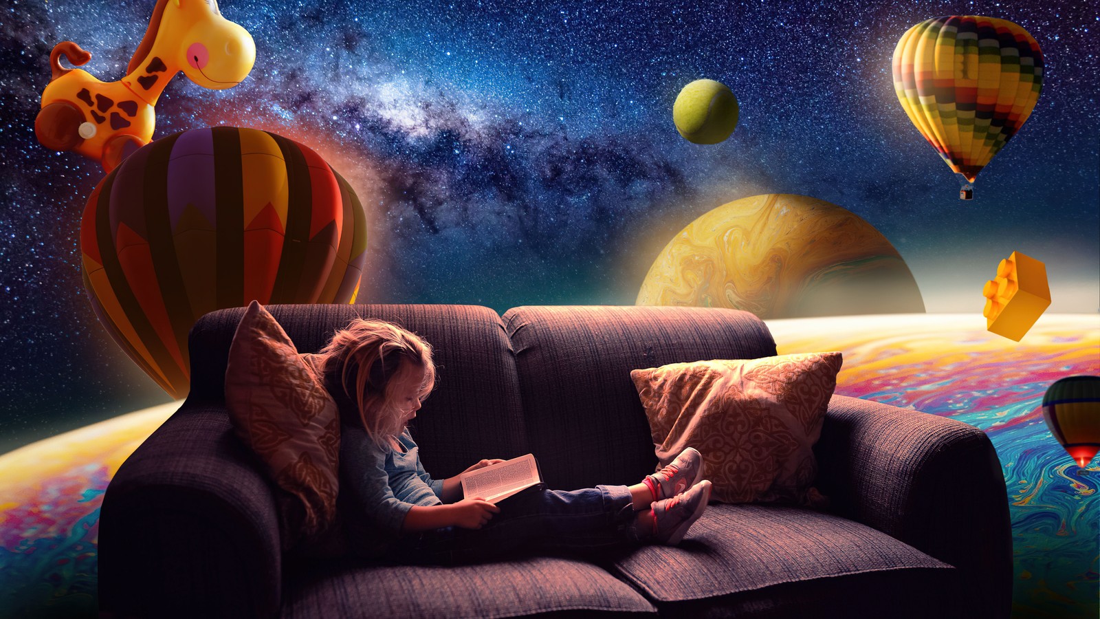 cute girl, reading book, couch, floating, outer space wallpaper