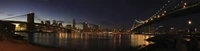 Skyline iluminada de Nova Iorque ao crepúsculo com pontes icónicas e reflexos no rio