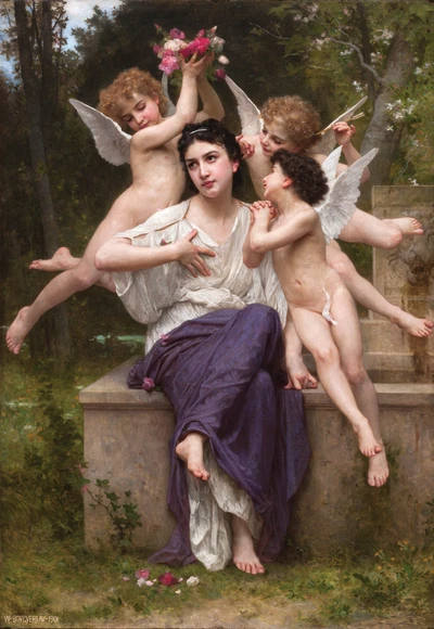 Serene Beauty: A Young Woman Surrounded by Playful Cherubs in a Lush Garden