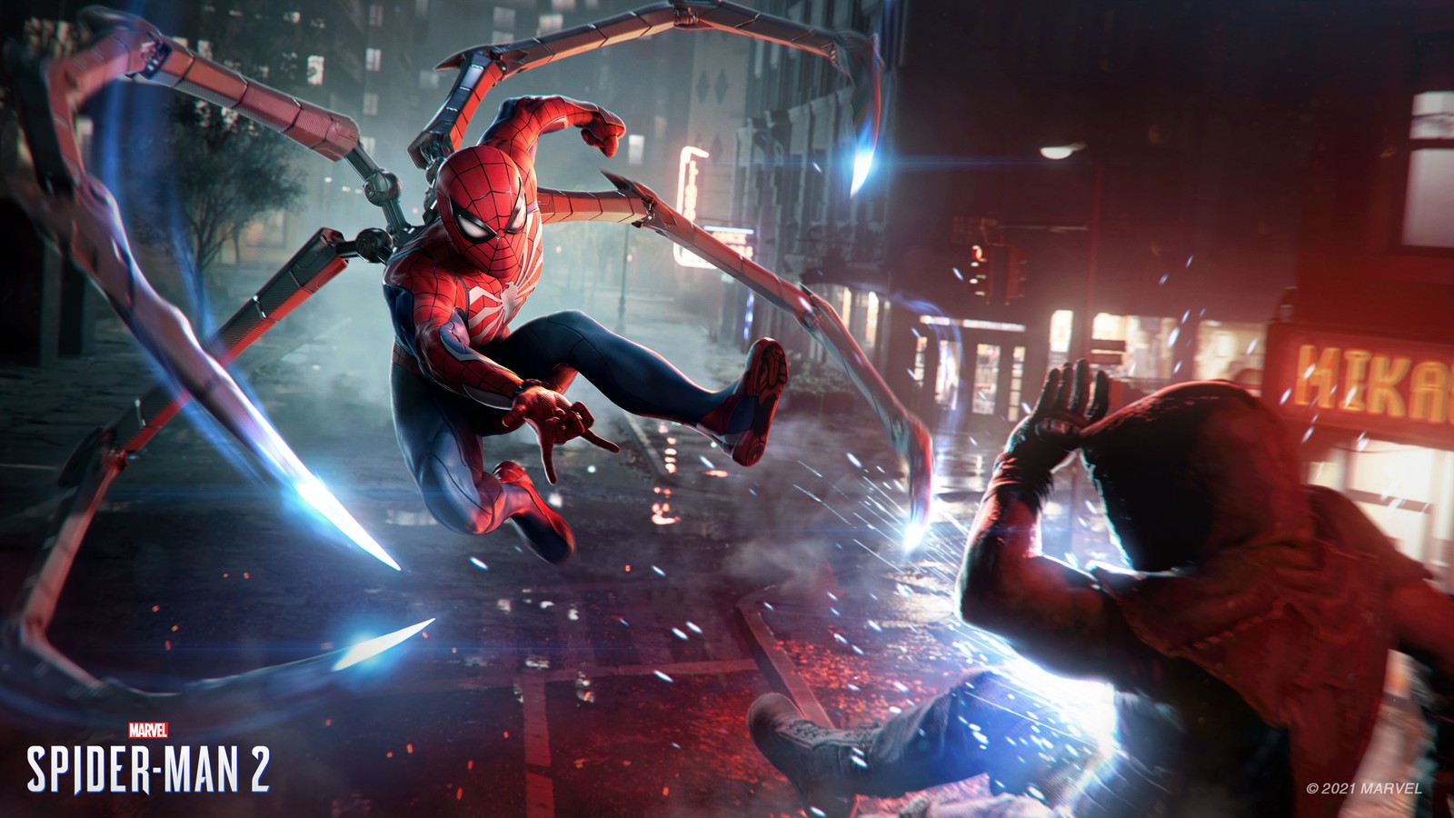 Spider-man et spider-man se battent dans la ville (marvel spider man 2, marvels spider man 2, officiel, jeux 2023, playstation 5)