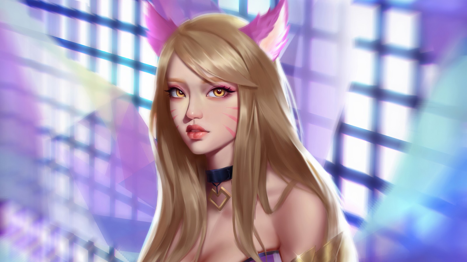 Une femme avec de longs cheveux blonds et des cornes sur la tête (kda, ahri, lol, league of legends, jeu vidéo)