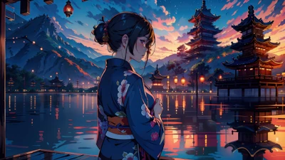 Girl in Kimono by a Serene Japanese Castle at Dusk