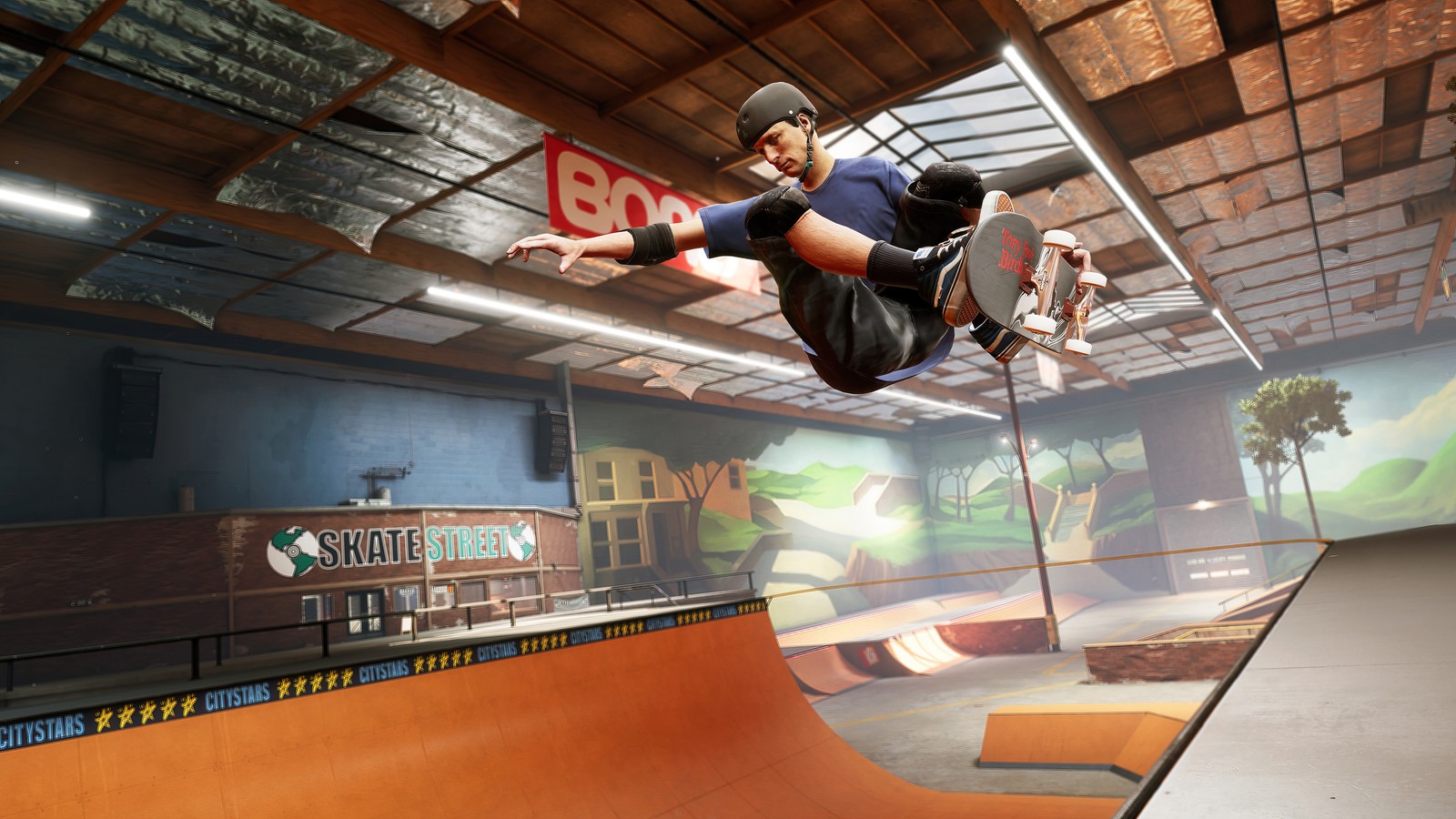 There is a man that is jumping in the air on a skateboard (tony hawks pro skater 1 2, video game, skateboarding)