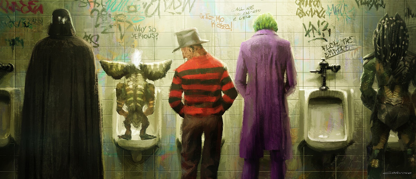 Il y a trois hommes dans une salle de bain avec des graffitis sur les murs (illustration, peinture, violet, dessin, art conceptuel)