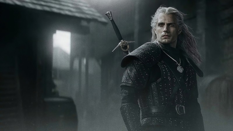 Мужчина в черном костюме с мечом в темной комнате (ведьмак, the witcher, netflix, сериал, геральт)