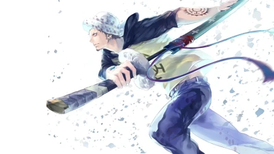 Trafalgar Law en action dynamique avec katana – Art anime de One Piece